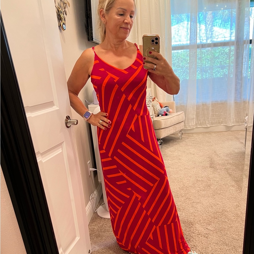 Elegant Red and Orange Striped Midi Dress